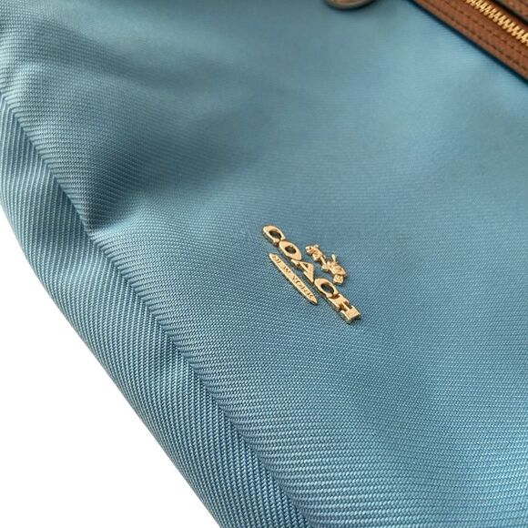 Coach Sawyer Canvas & Tan Leather Crossbody Bag in Blue Jay Front Zipper Pocket - Picture 6 of 16